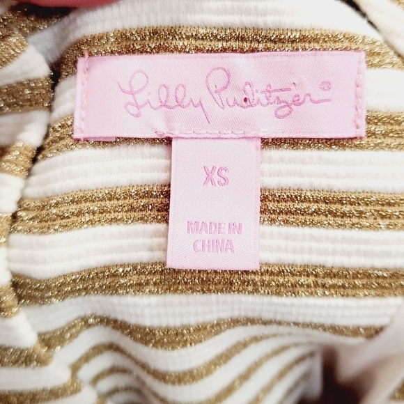 Lilly Pulitzer Brielle Gold Cameo White Ottoman Stripe Fit Flare Dress Size: XS - Picture 15 of 16